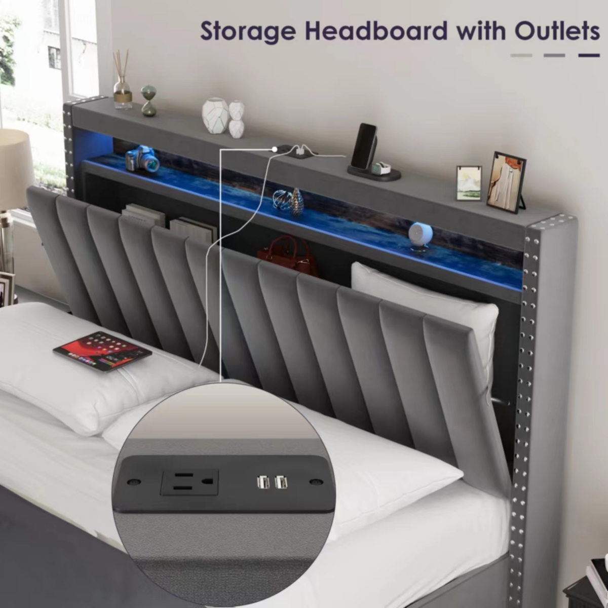 Streamdale Furniture Luxury Gas Lift Storage Bed With Rf Led Lights, Storage Headboard, Size, Velvet Grey