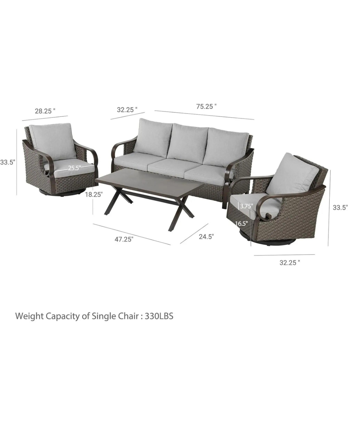 Mondawe Patio Wicker 3-Seat Sofa Couch and Swivel Single Sofa Chairs Table Set, With Cushions In Metal Frame For Outdoor