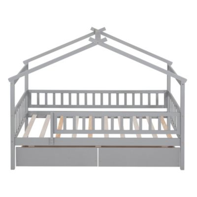 Twin Size Wooden House Bed With Two Drawers, Natural