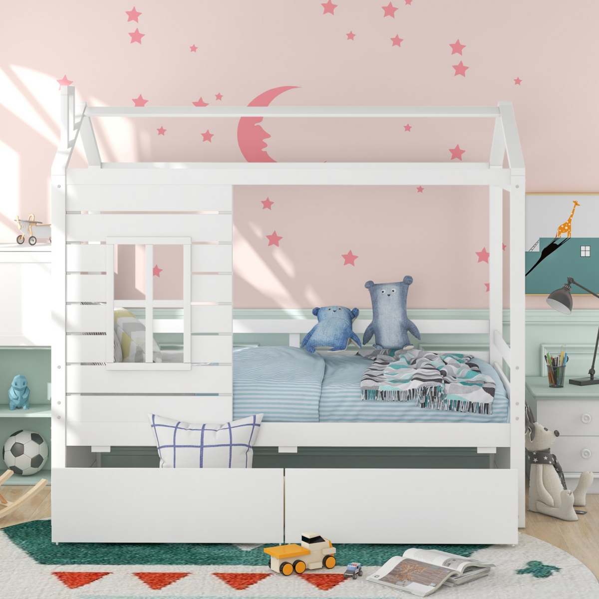 Simplie Fun Twin Size House Bed Wood Bed With Two Drawers
