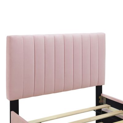 Streamdale Twin Size Velvet Upholstered Platform Bed With Twin Size Trundle, Pink