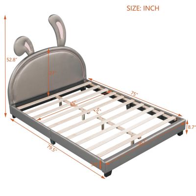 Streamdale Full Size Upholstered Leather Platform Bed With Rabbit Ornament, Pink