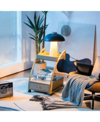 Modern 2-Tier Rolling End Table with Tray Top and Pull-Out Drawer-Grey