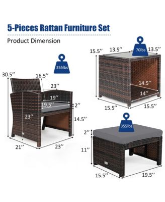 5PCS Rattan Patio Furniture Set Chair & Ottoman Set w/ Grey Cushions