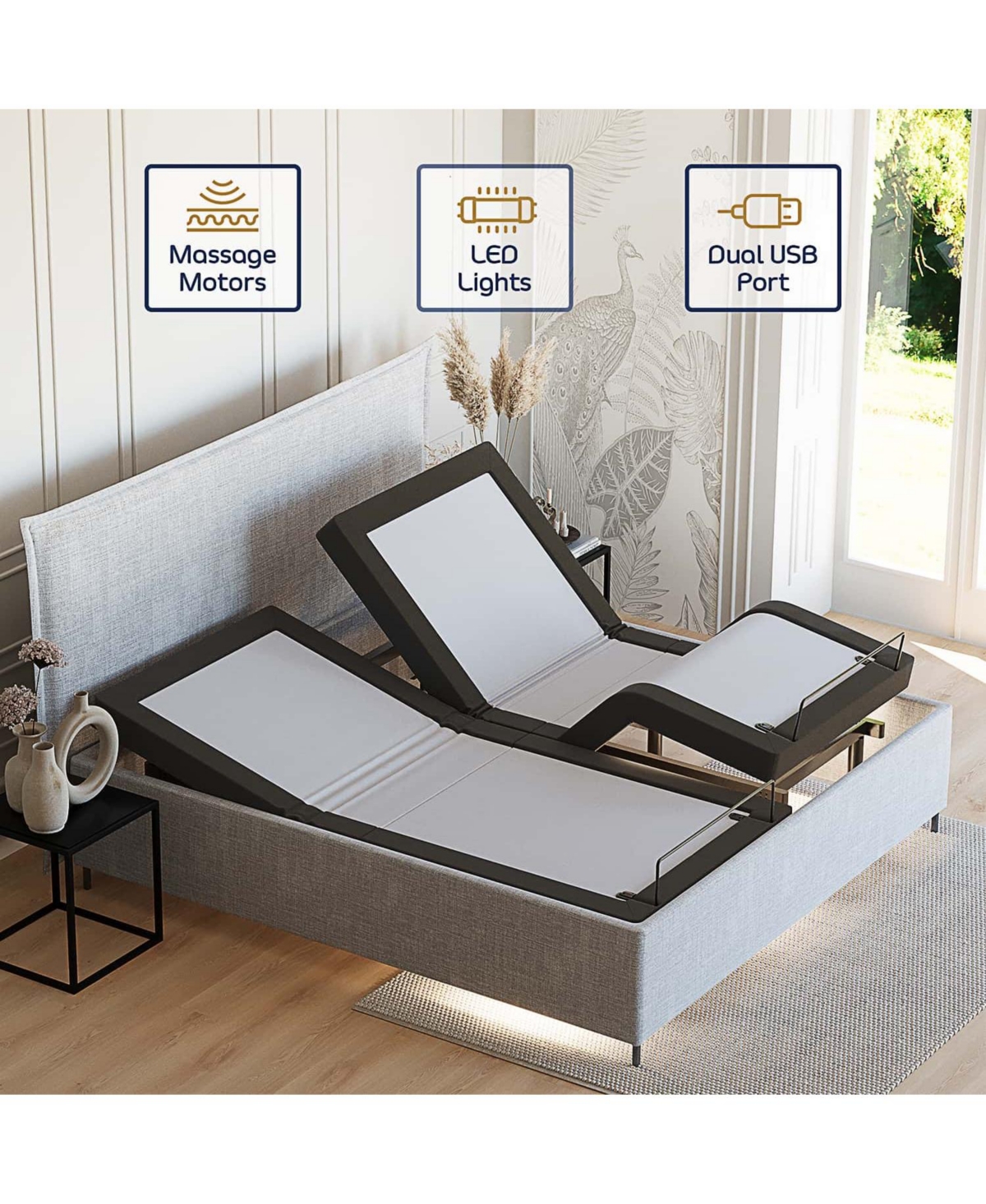 Clara Clark Adjustable Head & Foot Zero Gravity Massage Bed Base - with Wireless Remote, Usb Ports, Led Light