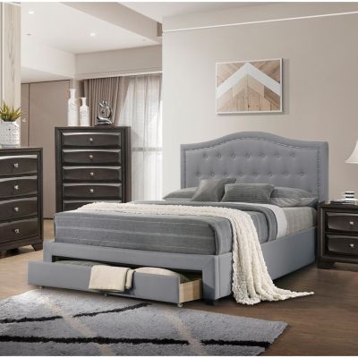 Light Grey Twin Bed with Drawer Storage & Button Tufted Headboard