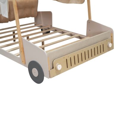 Streamdale Wood Full Size Car Bed With Pillow, Ceiling Cloth And LED