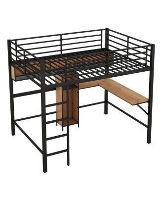  Full Size Metal & Wood Loft Bed With L - Shaped Desk And Shelves