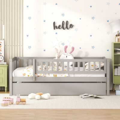 Streamdale Twin Size Wood Daybed With Trundle And Fence Guardrails