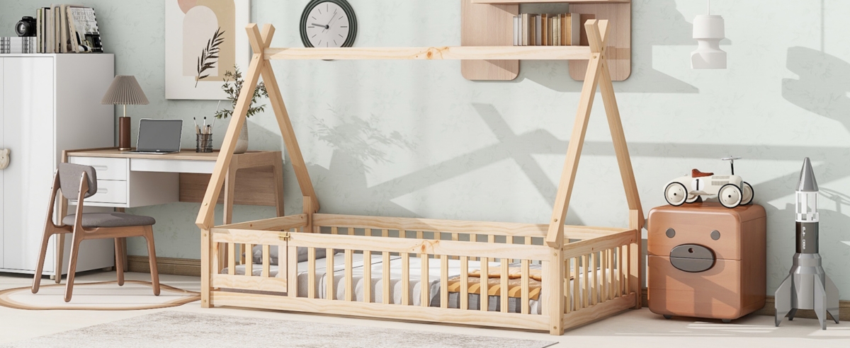 Streamdale Furniture Tentshaped Floor Bed, With Guardrails, Slats, Door,- Natural