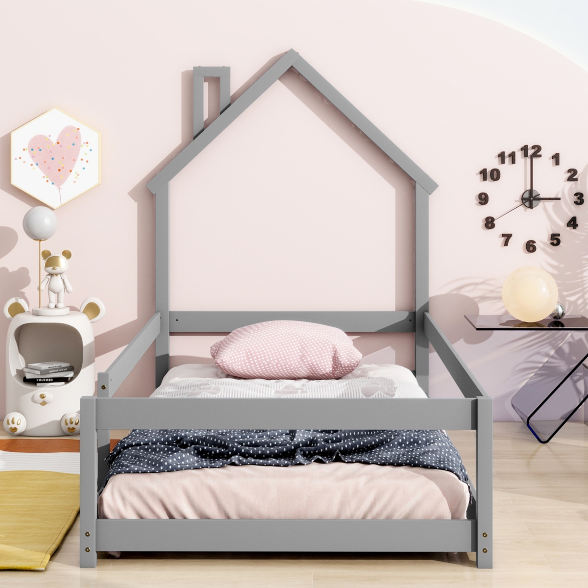 Streamdale Twin-Size Wood Floor Bed with House Headboard and Fences