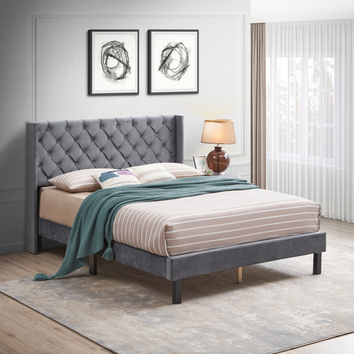 Streamdale Furniture Velvet Button Tufted-Upholstered Bed With Wings Design, Strong Support, Easy Assembly