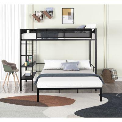 Metal Twin Over Full Bunk Bed with Shelves & Grid Panel