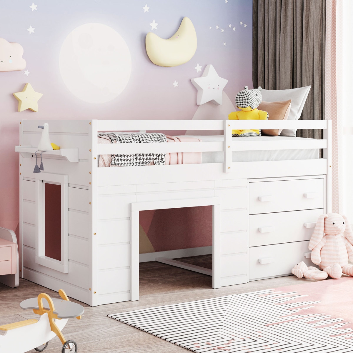 Simplie Fun Twin Size Loft Bed With Cabinet And Shelf
