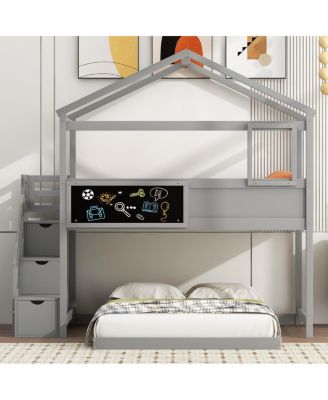  Twin Over Full House Bunk Bed With Storage Staircase And Board