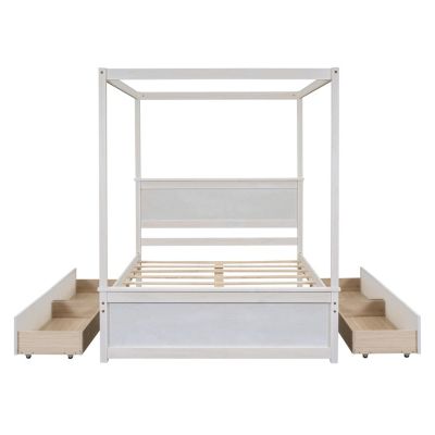 Streamdale Full Size Wood Canopy Bed with Drawers, Brushed White