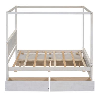 Streamdale Full Size Wood Canopy Bed with Drawers, Brushed White