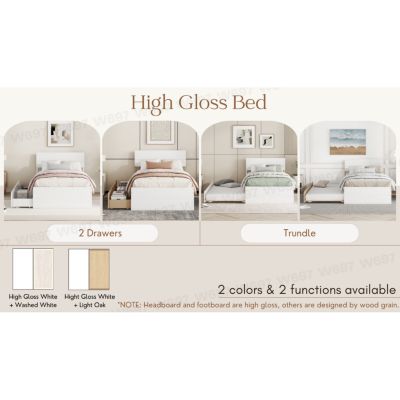 Modern Twin Bed Frame with Trundle, White Gloss Finish