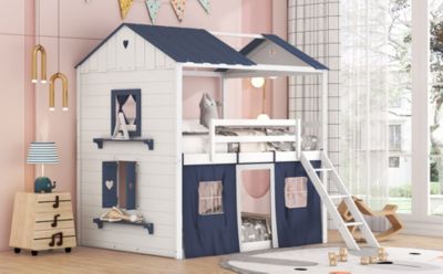 Streamdale Full Size Bunk Wood House Bed With Elegant Windows, Sills And Tent