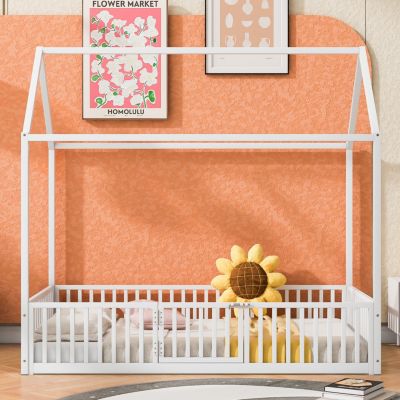 Streamdale Twin Size Metal House Bed With Fence And Door