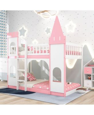 Twin Over Twin Castle Bunk Bed With Ladder - Pink
