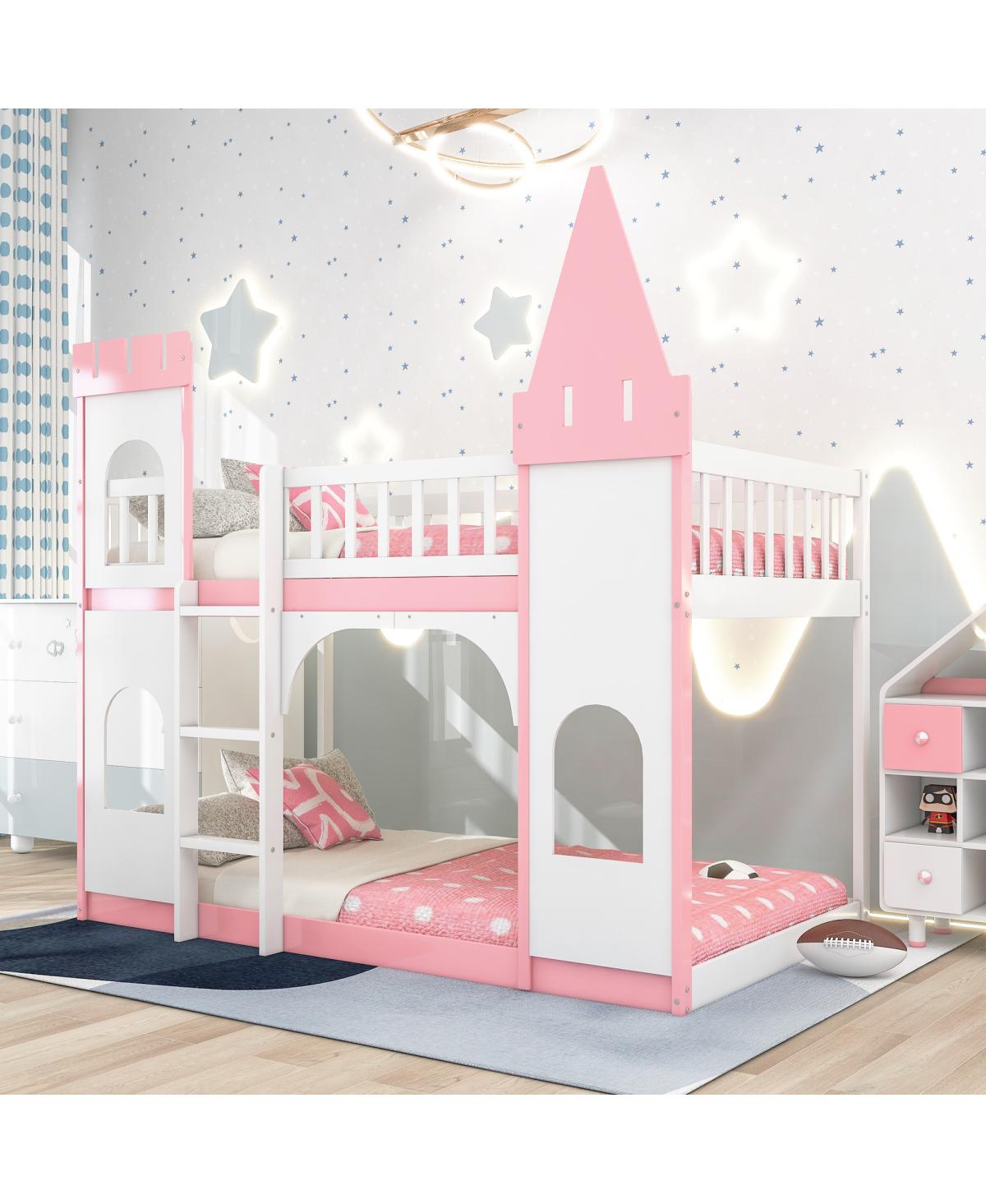Simplie Fun Twin Over Twin Castle Bunk Bed With Ladder - Pink