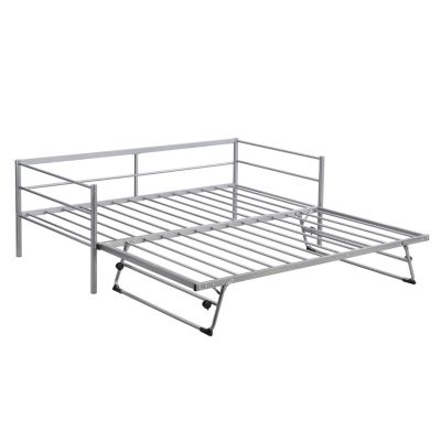Streamdale Twin Size Metal Daybed With Adjustable Trundle, Pop Up Trundle, Silver
