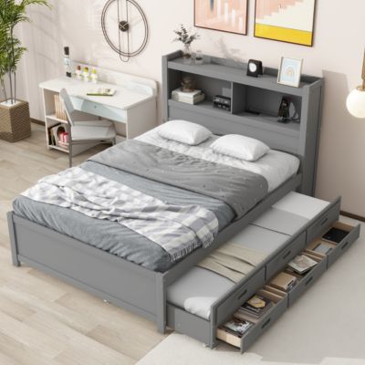 Full Size Platform Bed With Trundle, Drawers And USB Plugs