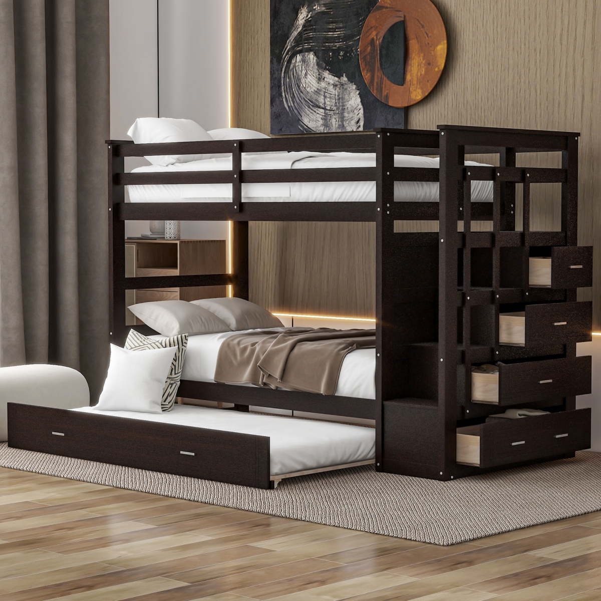 Streamdale Twin Over Bunk Bed With Trundle And Staircase, White