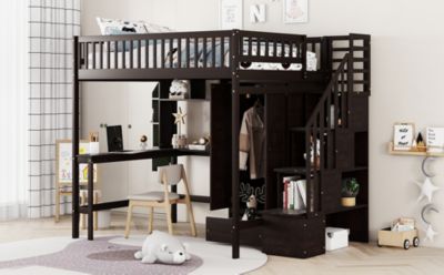 Streamdale Full Size Loft Bed With Bookshelf, Drawers, Desk, And Wardrobe White