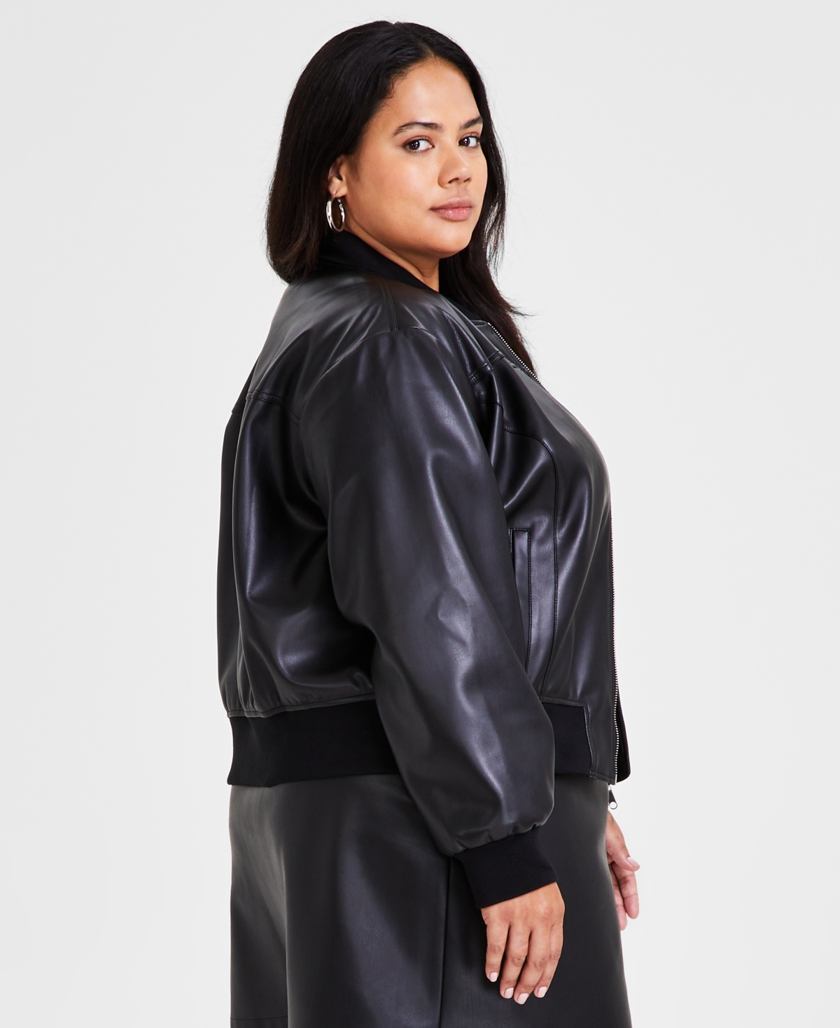 Bar Iii Trendy Plus Size Faux-Leather Bomber Jacket, Created for Macy's
