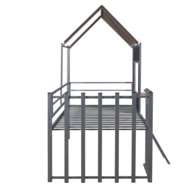 Metal Twin Size Loft Bed With Roof, Window, Guardrail, Ladder