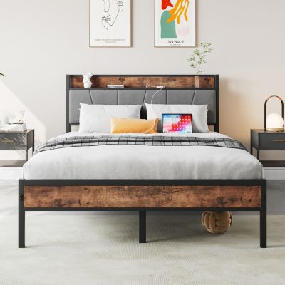  Vintage Bed Frame with Storage Headboard & Charging