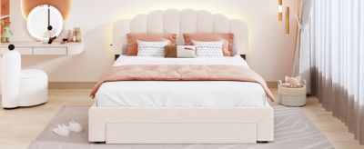 Streamdale Teddy Fleece Queen Size Upholstered Platform Bed With Drawer, White