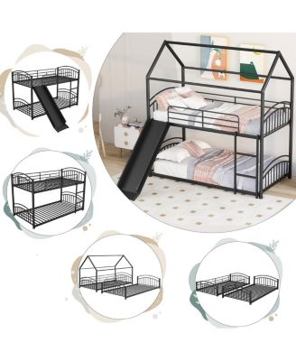 Twin Over Twin Metal Bunk Bed With Slide, Kids House Bed
