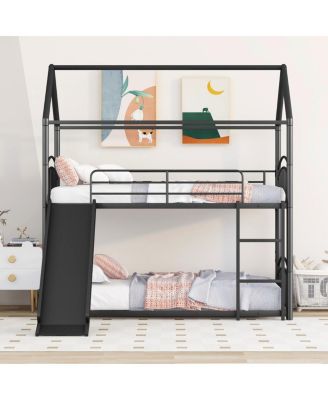 Twin Over Twin Metal Bunk Bed With Slide, Kids House Bed