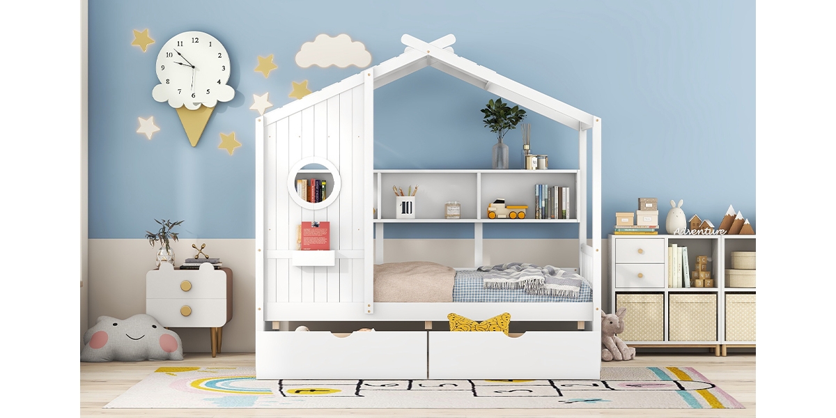 Streamdale Wooden Twin Size House Bed With 2 Drawers, Kids Bed With Storage Shelf
