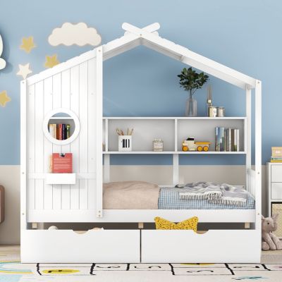 Wooden Twin Size House Bed With 2 Drawers, Kids Bed With Storage Shelf