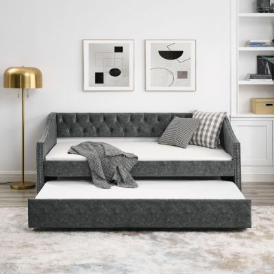 Tufted Upholstered Twin Daybed with Trundle, Grey