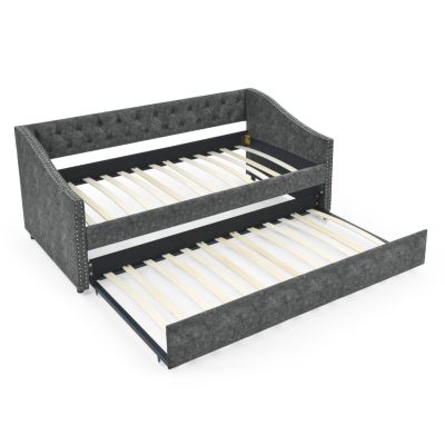 Tufted Upholstered Twin Daybed with Trundle, Grey