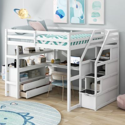  Loft Bed with Desk, Shelves, and Staircase Storage - Full