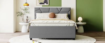 Full Size Upholstered Platform Bed With Brick Pattern Headboard And Twin Size Trundle, Linen