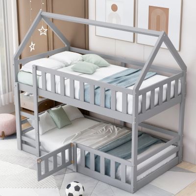 Twin Size  Pine Wood Over Twin House Bunk Bed With Fence And Door
