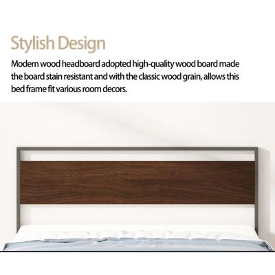 Ceres Metal Bed Black with Walnut Wood Headboard&Footboard Queen
