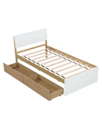 Modern Twin Bed Frame with High Gloss White and Oak Finish