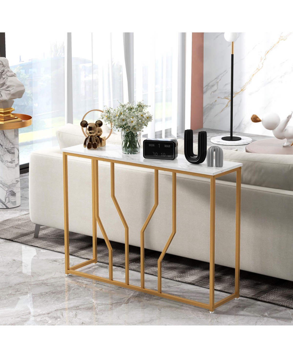 Slickblue Inch Modern White Entryway Table with Faux Marble Tabletop-White - White  Gold