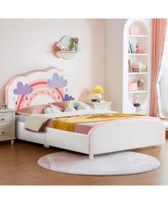 Kids Twin Size Upholstered Platform Wooden Bed with Rainbow Pattern