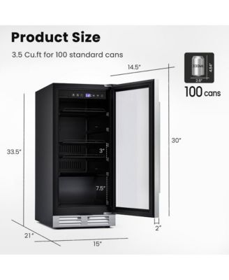 15 Inch 100 Can Built-in Freestanding Beverage Cooler Refrigerator with Adjustable Temperature and Shelf-Silver
