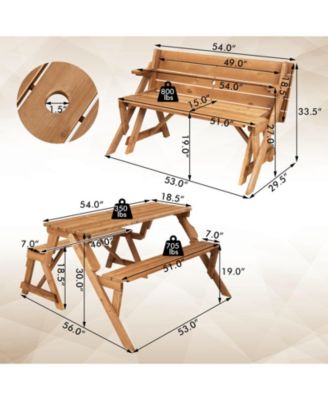 2-in-1 Transforming Interchangeable Wooden Picnic Table Bench with Umbrella Hole-Dark Brown