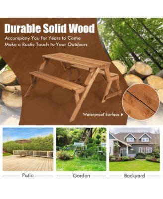 2-in-1 Transforming Interchangeable Wooden Picnic Table Bench with Umbrella Hole-Dark Brown